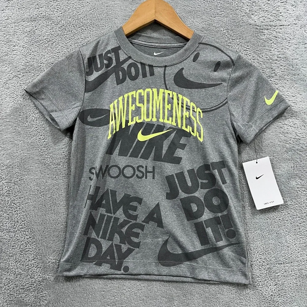 Nike Dri-FIT T-Shirt Boys 7 Dark Gray Heather Awesomeness AOP Graphic Summer Tee